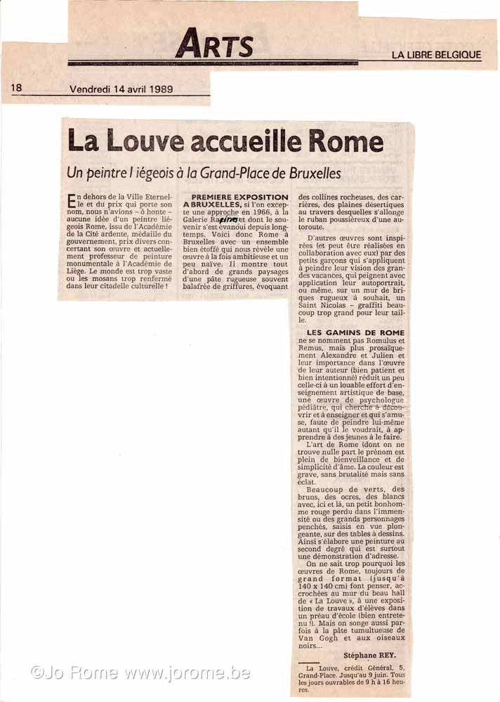 Exposition à Bruxelles, Galerie La Louve, article La Libre Belgique, 1989